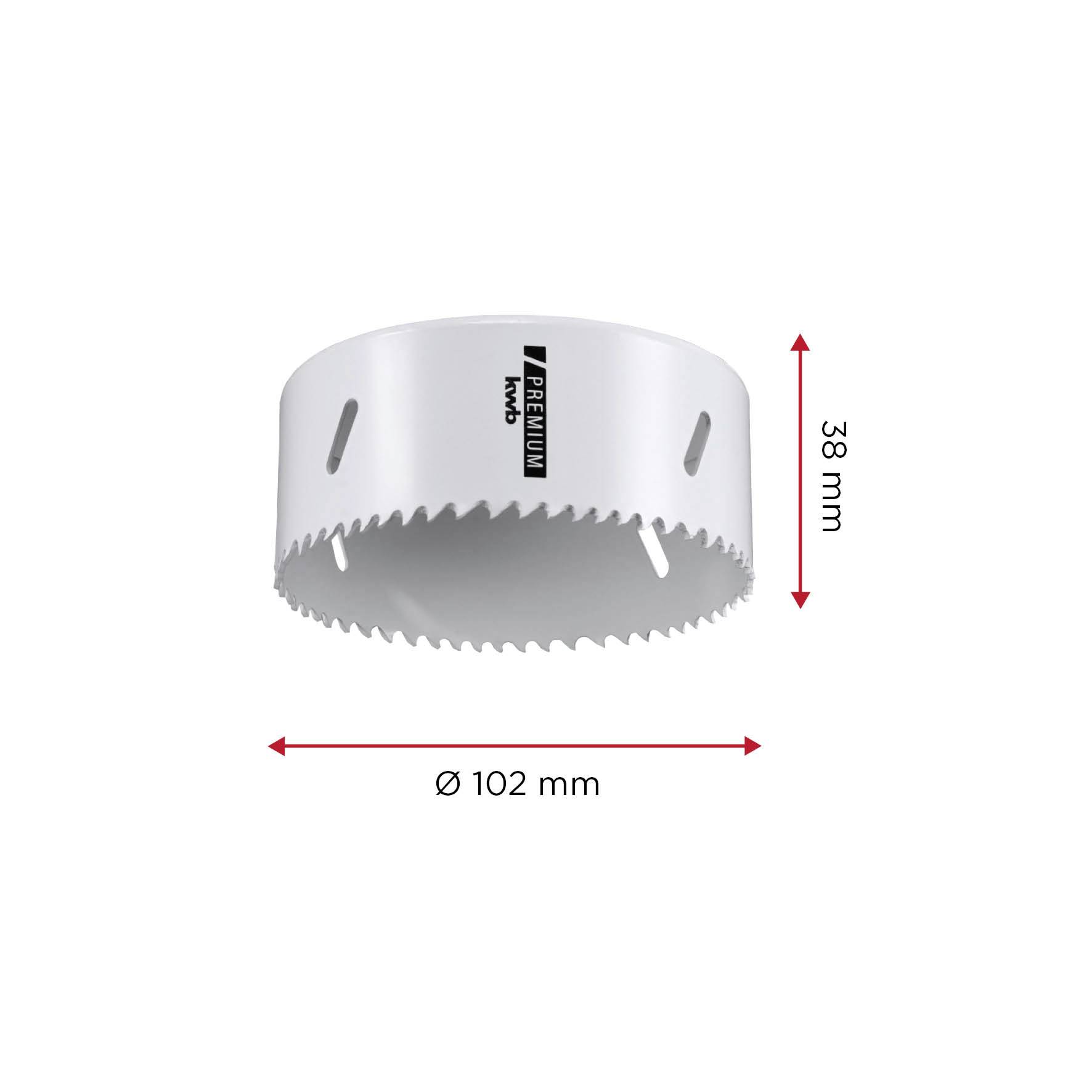 Lochsäge mit Zähnen aus Metall, Durchmesser: 102 mm, Höhe: 38 mm.