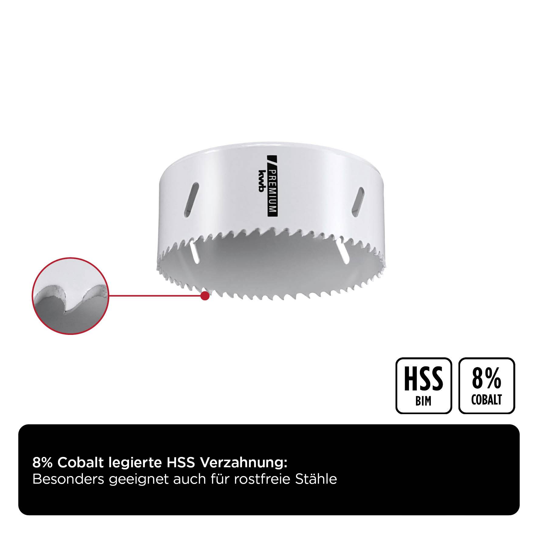 Lochsäge mit HSS Cobalt Verzahnung, geeignet für rostfreie Stähle. Fokus auf Härte und Langlebigkeit. Bild zeigt Zahndetail.