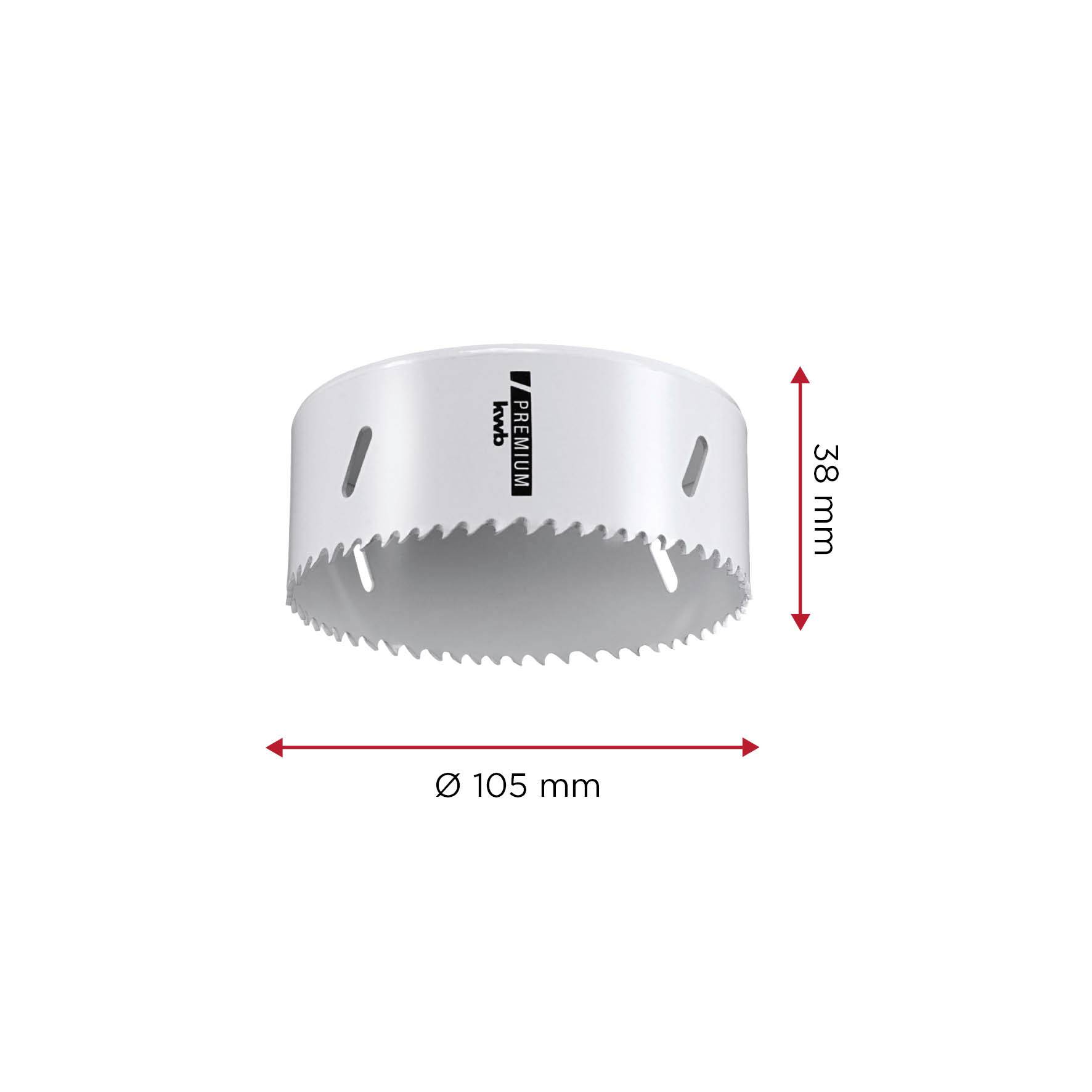 Metall-Lochsäge mit einem Durchmesser von 105 mm und einer Tiefe von 38 mm; geeignet für Bohrarbeiten in Holz und Metall.