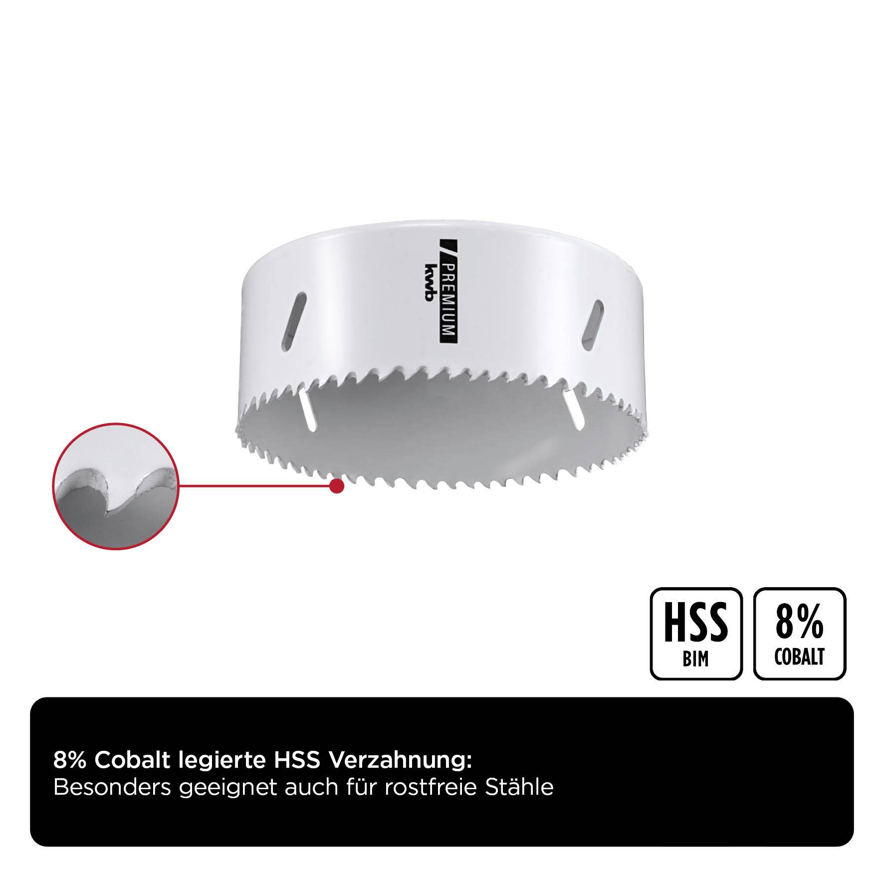 Sägekrone mit Zahnverzahnung, geeignet für rostfreie Stähle; HSS BIM mit 8% Kobalt, ideal für langlebige Schnitte in harten Materialien.