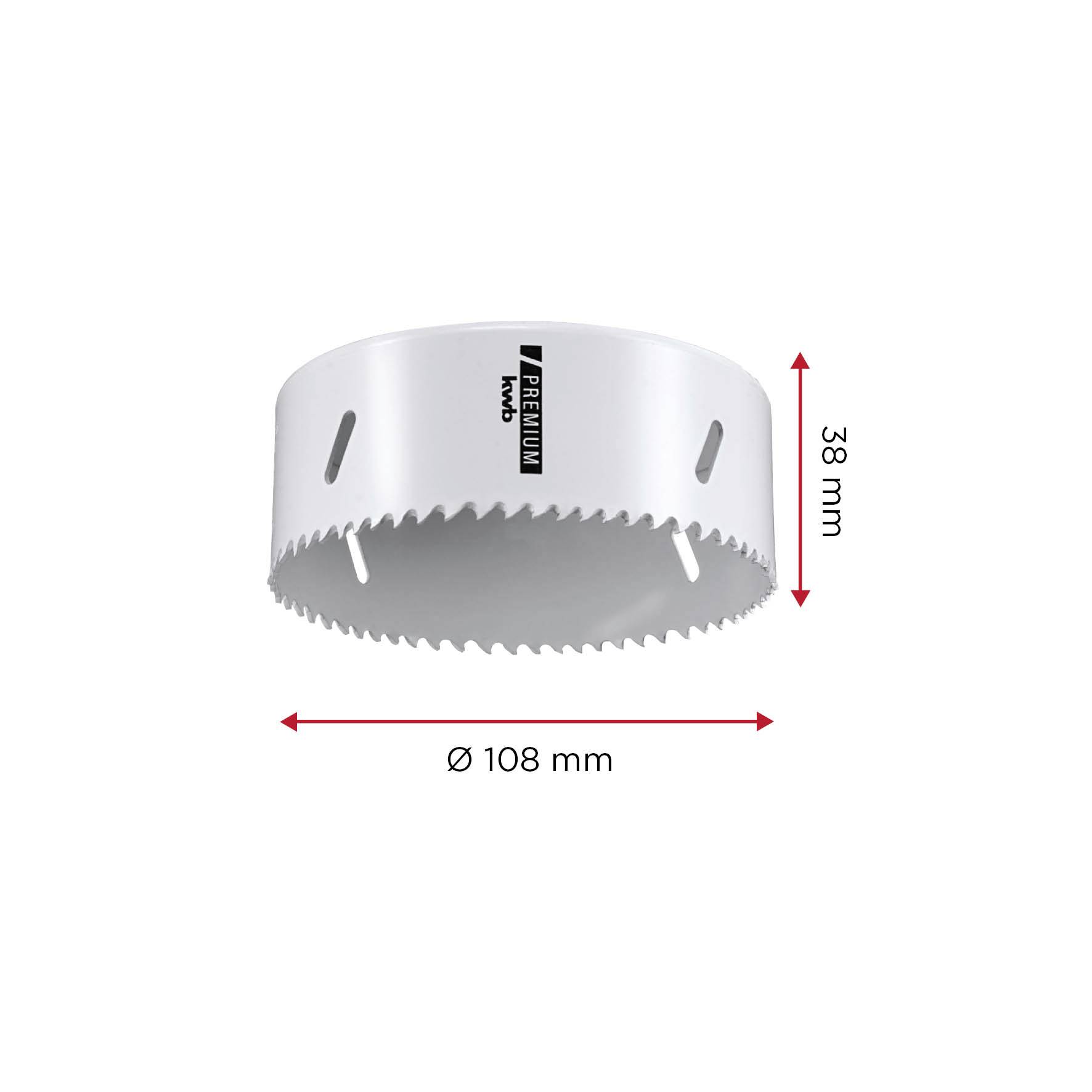 Lochsäge mit 108 mm Durchmesser und 38 mm Tiefe, geeignet für präzise Bohrarbeiten in Holz und Metall.
