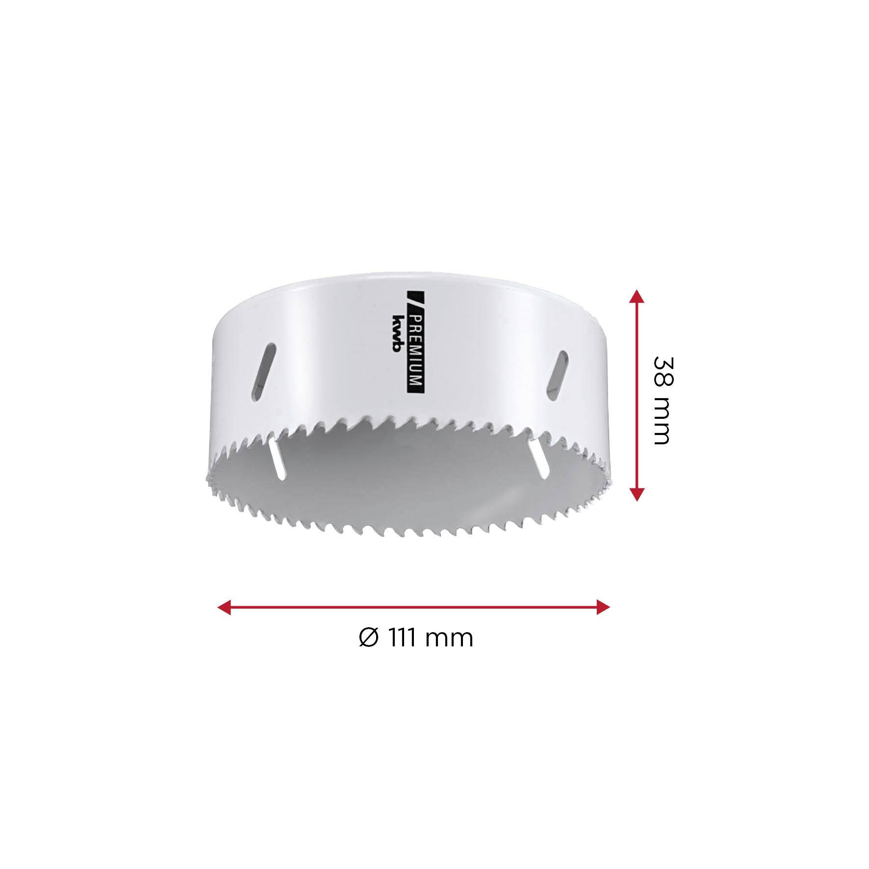 Lochsäge mit einem Durchmesser von 111 mm und 38 mm Höhe, geeignet für präzises Bohren.