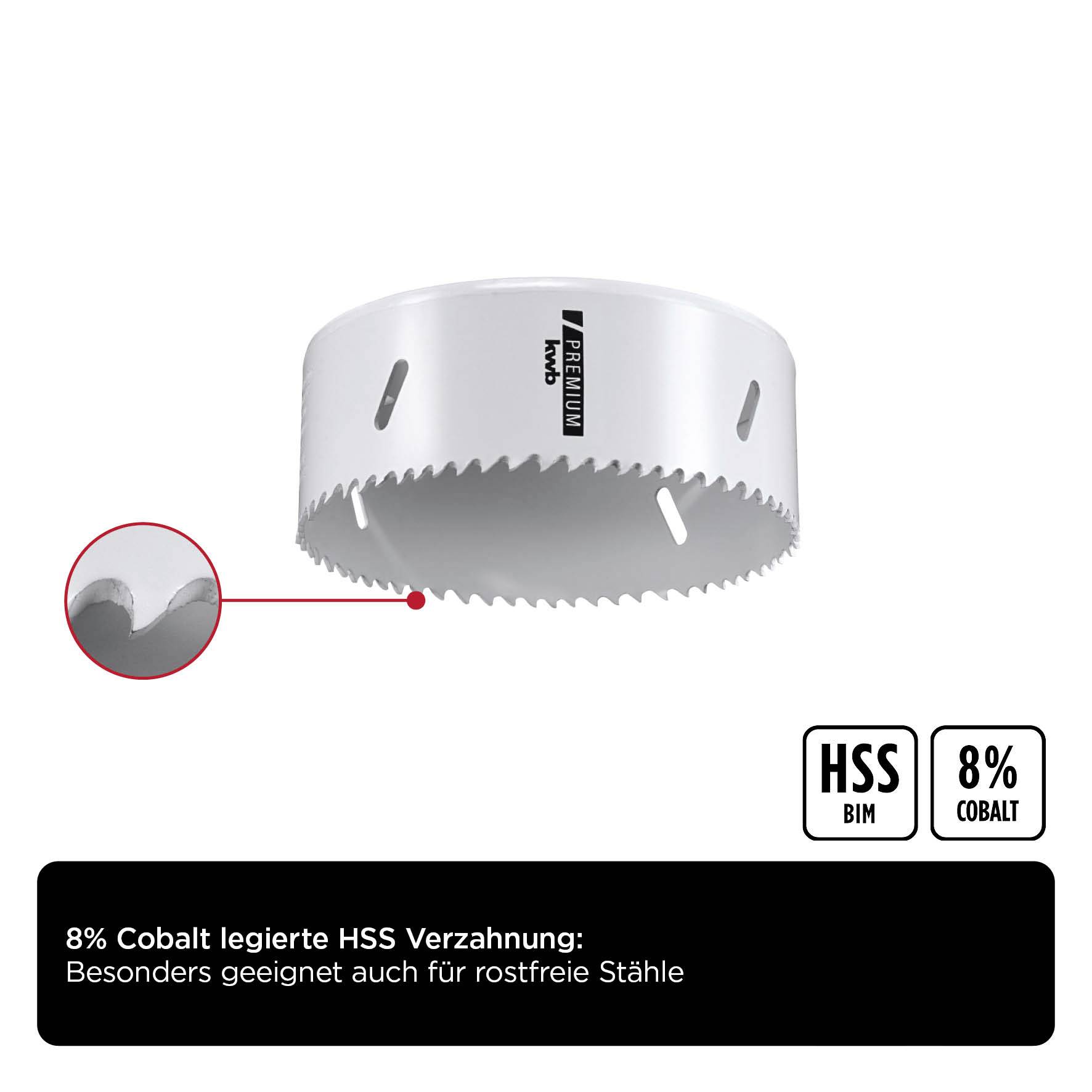 Lochsäge mit HSS und 8% Kobalt legiert, geeignet für rostfreie Stähle. Nahaufnahme der Verzahnung zeigt Detailqualität.