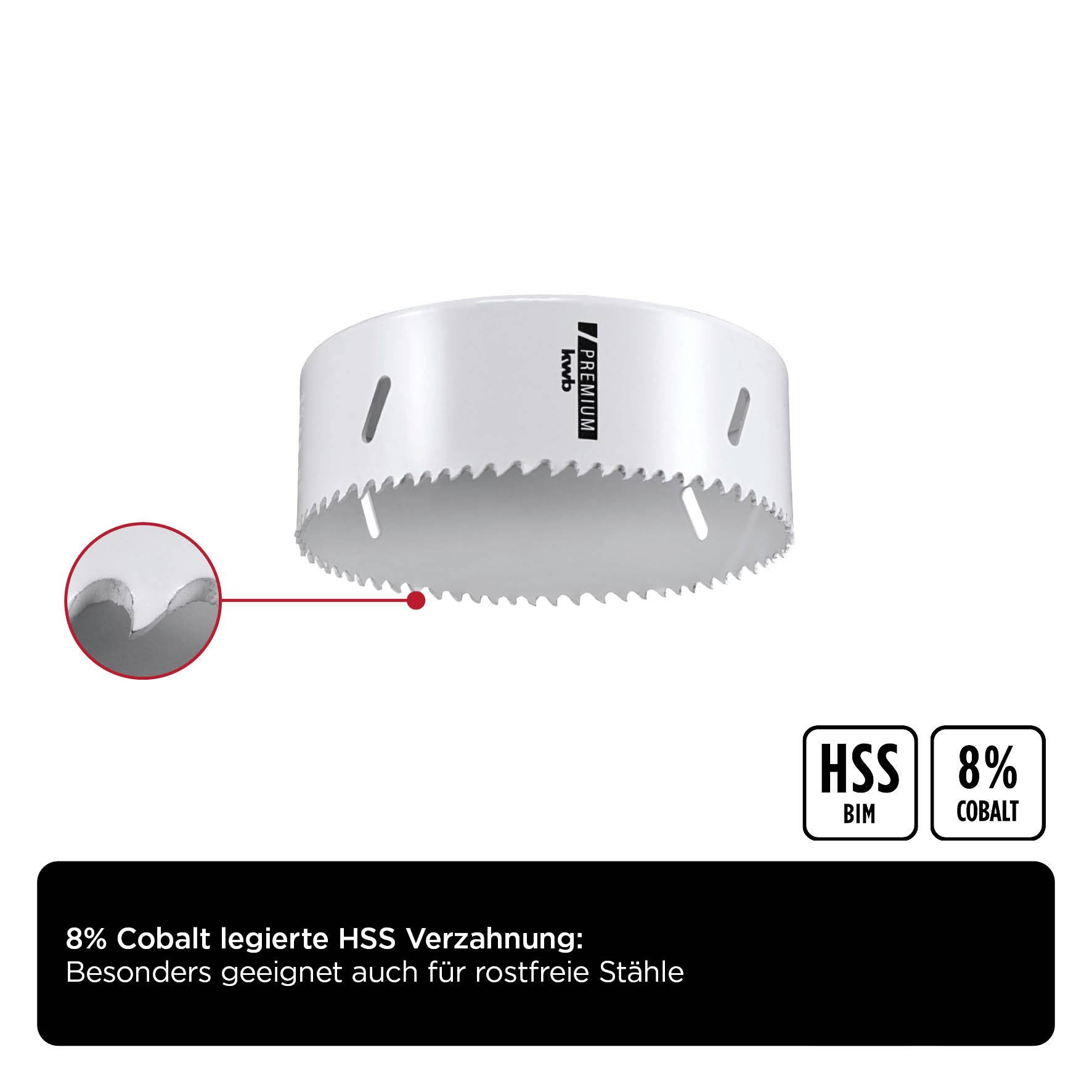 Eine Lochsäge mit der Aufschrift 'HSS BIM 8% Cobalt'. Detailansicht der Verzahnung, geeignet für rostfreie Stähle.