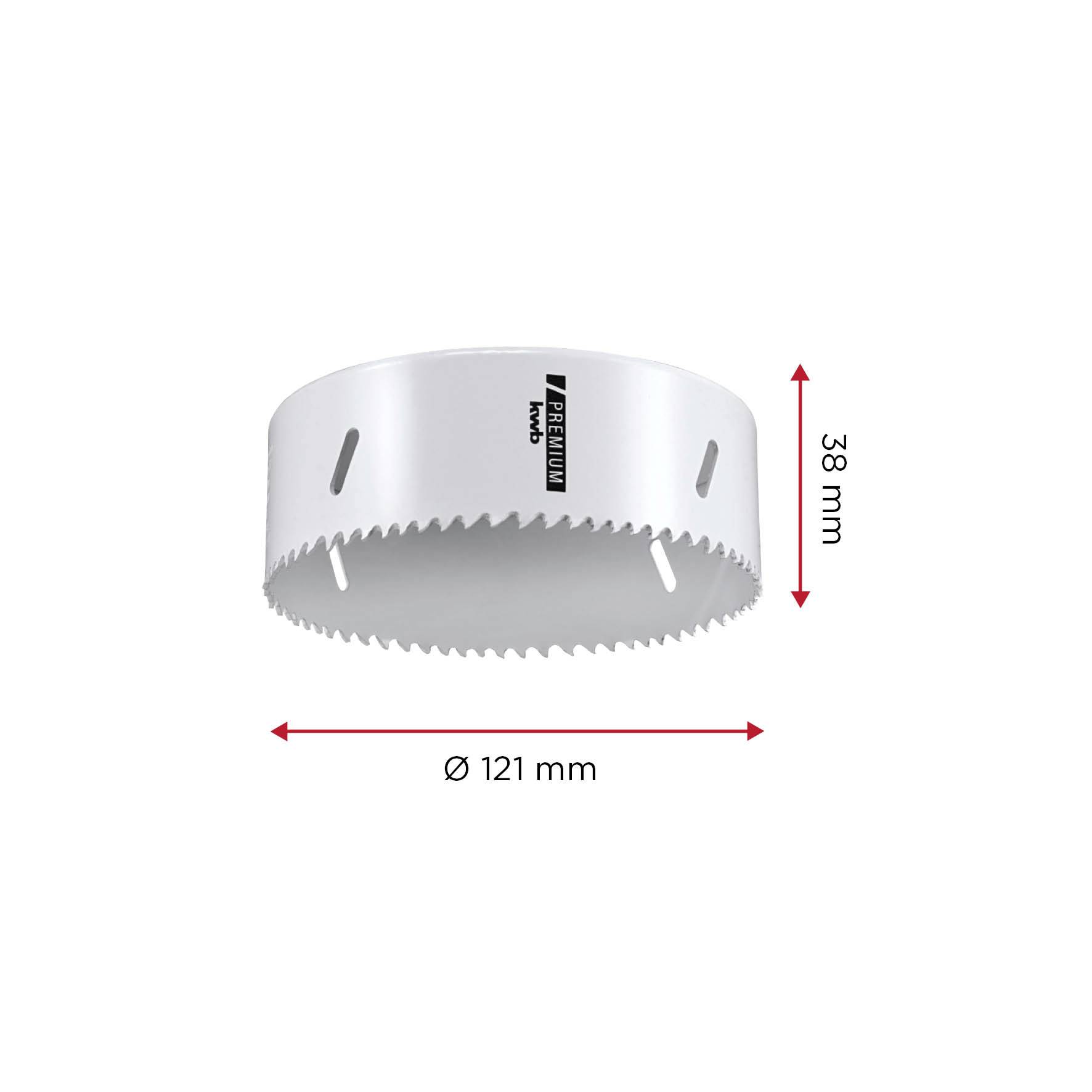 Lochsäge mit einem Durchmesser von 121 mm und einer Höhe von 38 mm.