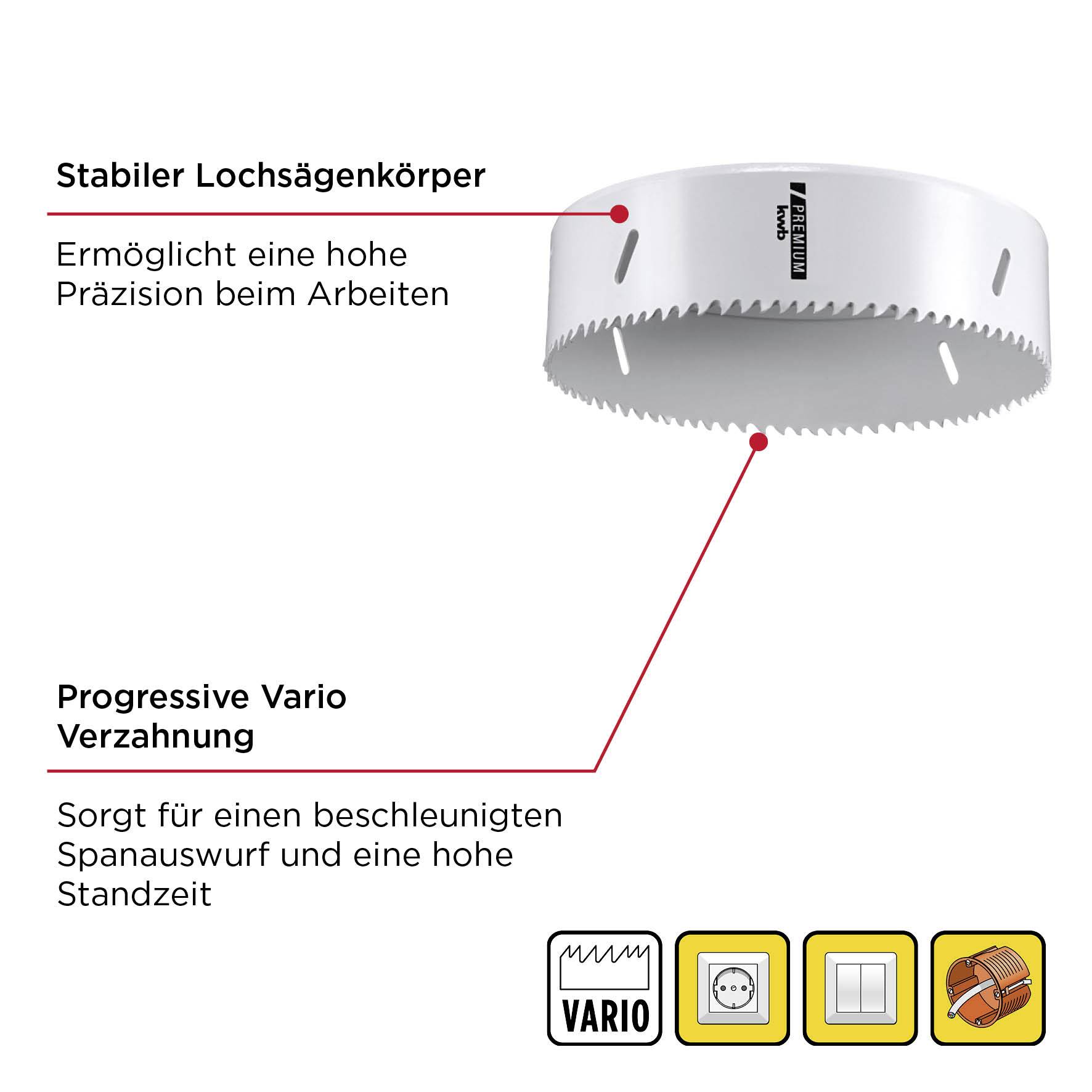 Lochsäge mit stabiler Bauweise und progressiver Vario-Verzahnung für präzises Arbeiten und effiziente Spanabfuhr.