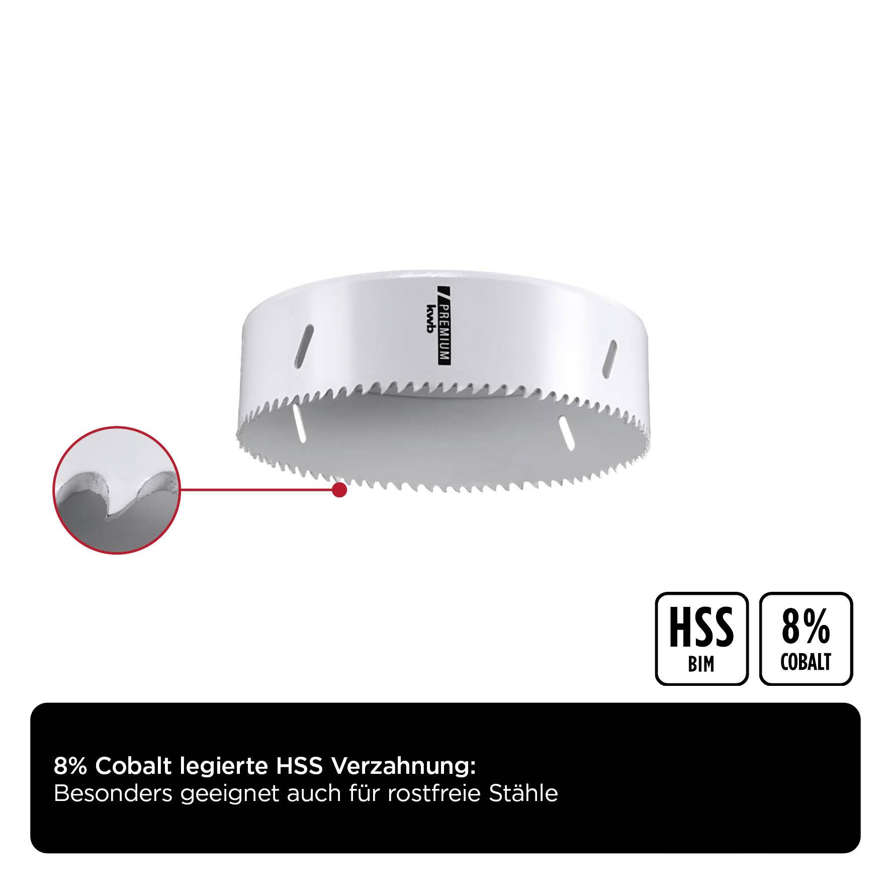 Lochsäge mit 8% Kobalt legierte HSS Verzahnung, besonders geeignet für rostfreie Stähle. Rechteckige Symbole: 
