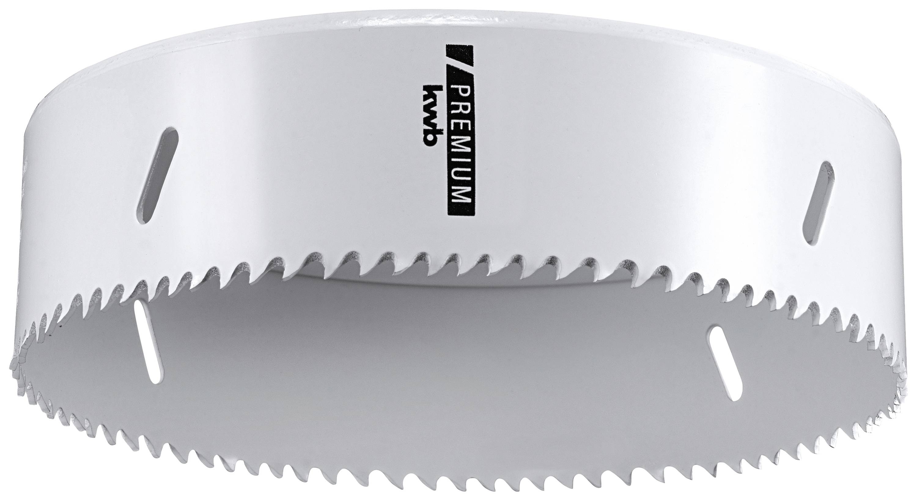 'Premium'-Lochsäge, metallisch glänzend, mit Zähnen am Rand. Geeignet zur Bearbeitung von Metall oder Holz.