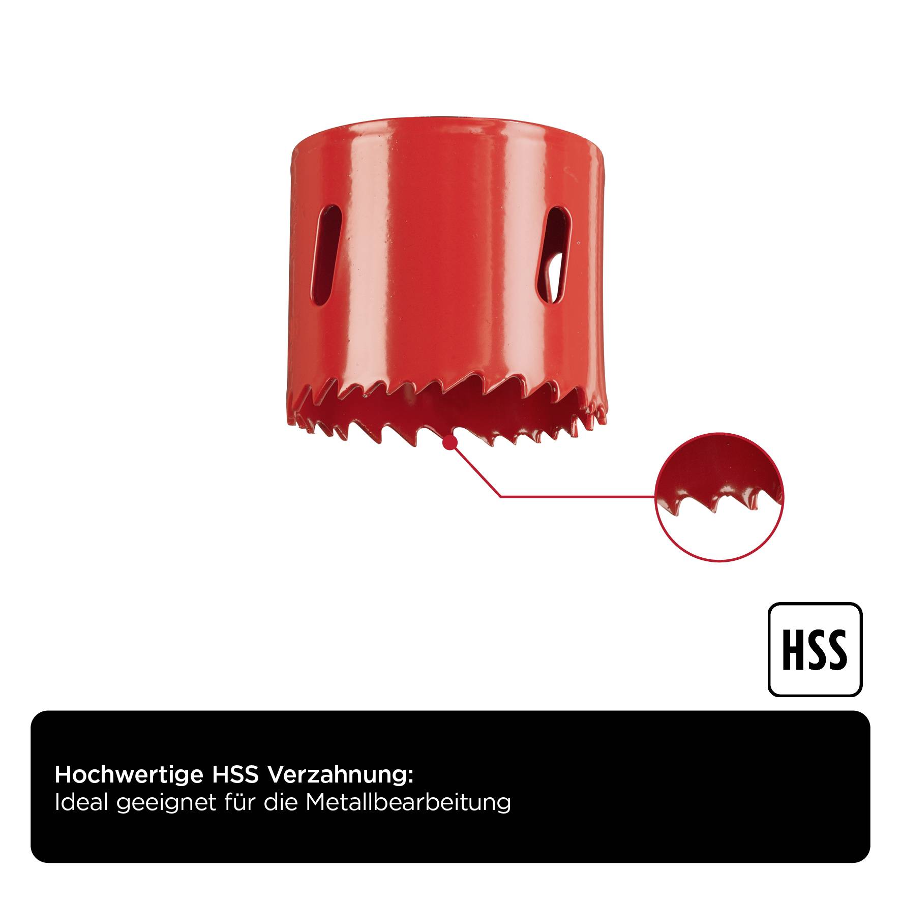Roter HSS-Bohrer mit Verzahnung für Metallbearbeitung. Nahaufnahme zeigt Details der Zähne. Text: 'Hochwertige HSS Verzahnung'.