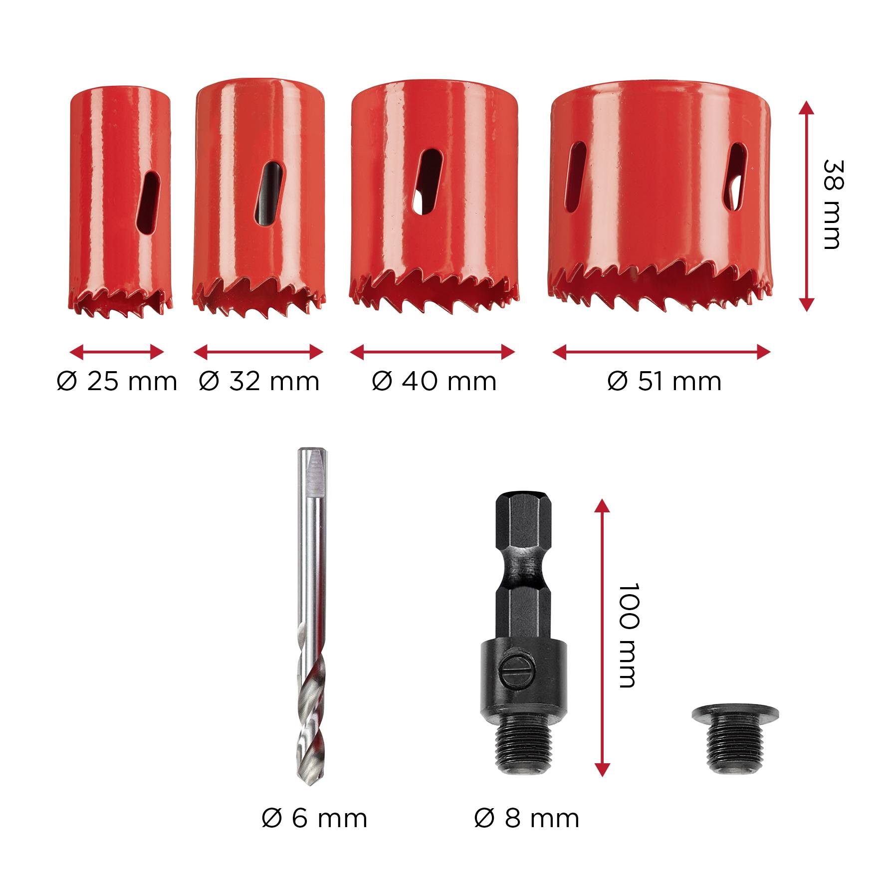 Vier rote Lochsägen in unterschiedlichen Durchmessern (25 mm, 32 mm, 40 mm, 51 mm) oben, darunter Bohrer (6 mm), Adapter (8 mm) und Schraube.