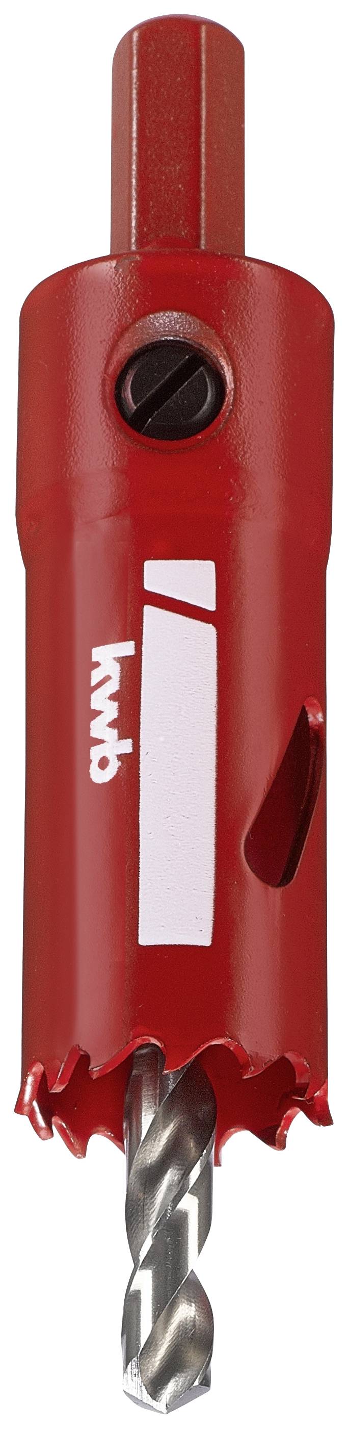 Rotes Lochsägen-Set mit Bohrer-Aufsatz und geschwungenen Schneidezähnen, geeignet für die Bearbeitung von Holz und Metall.