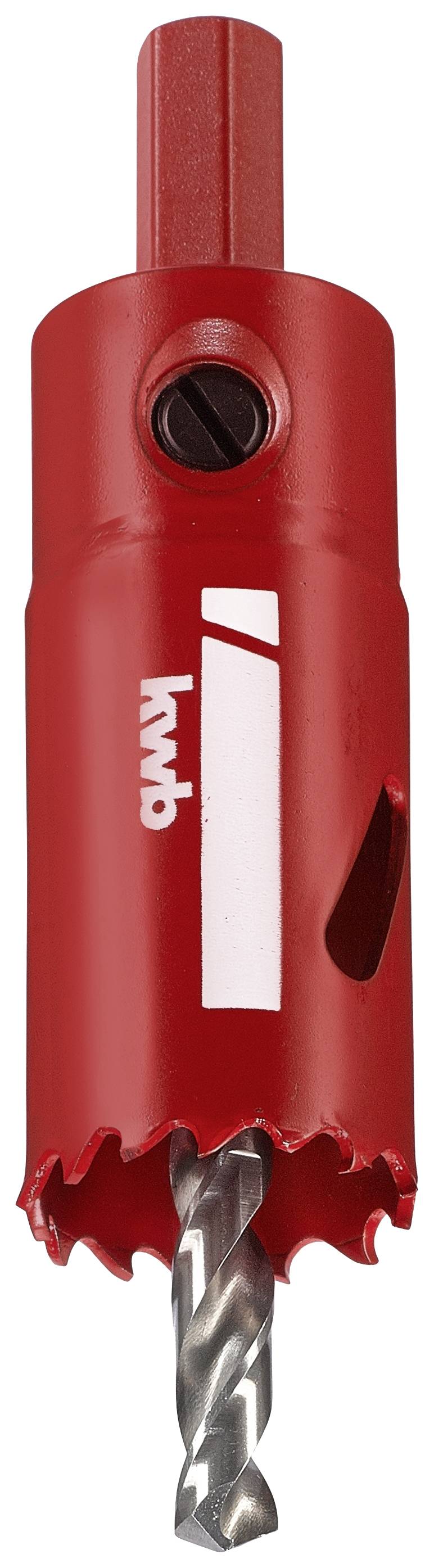 Ein roter Lochsägenaufsatz mit Spiralschneider an der Unterseite, geeignet für Bohrmaschinen, auf weißem Hintergrund.