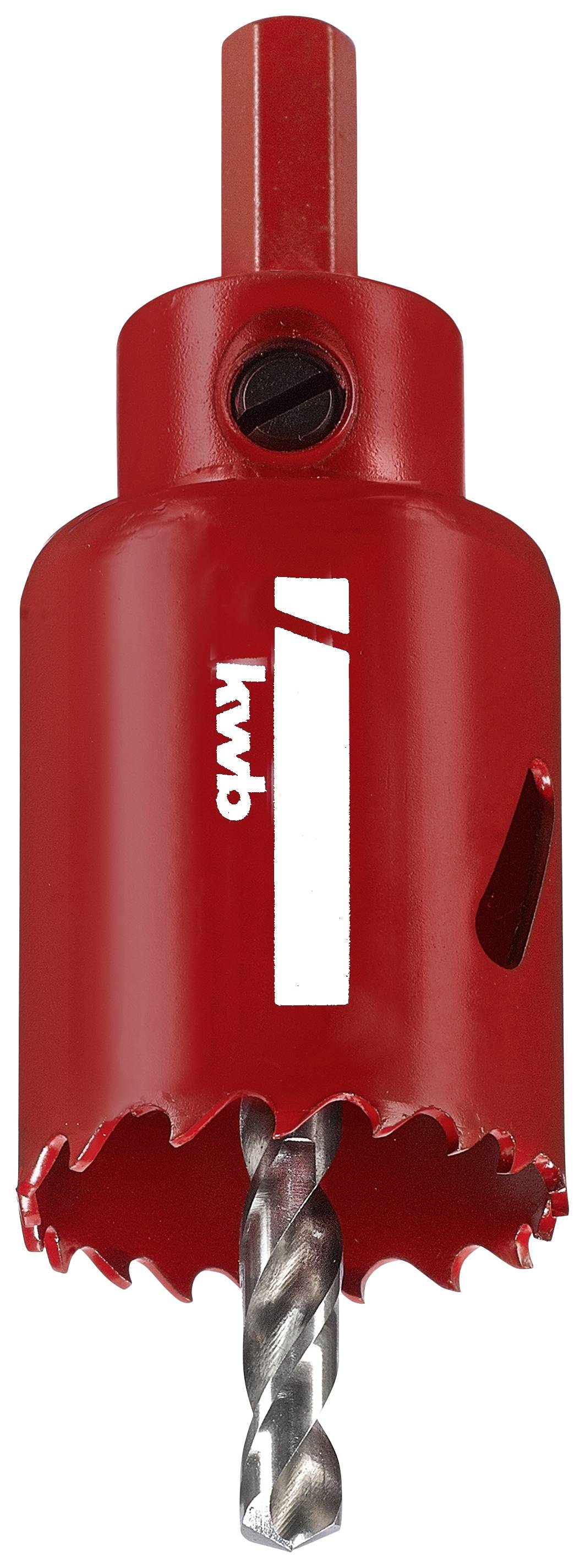 Roter Lochsägenbohrer aus Metall, mit gezackter Kante und integriertem Bohrer, ideal zum Schneiden großer Löcher in Materialien.