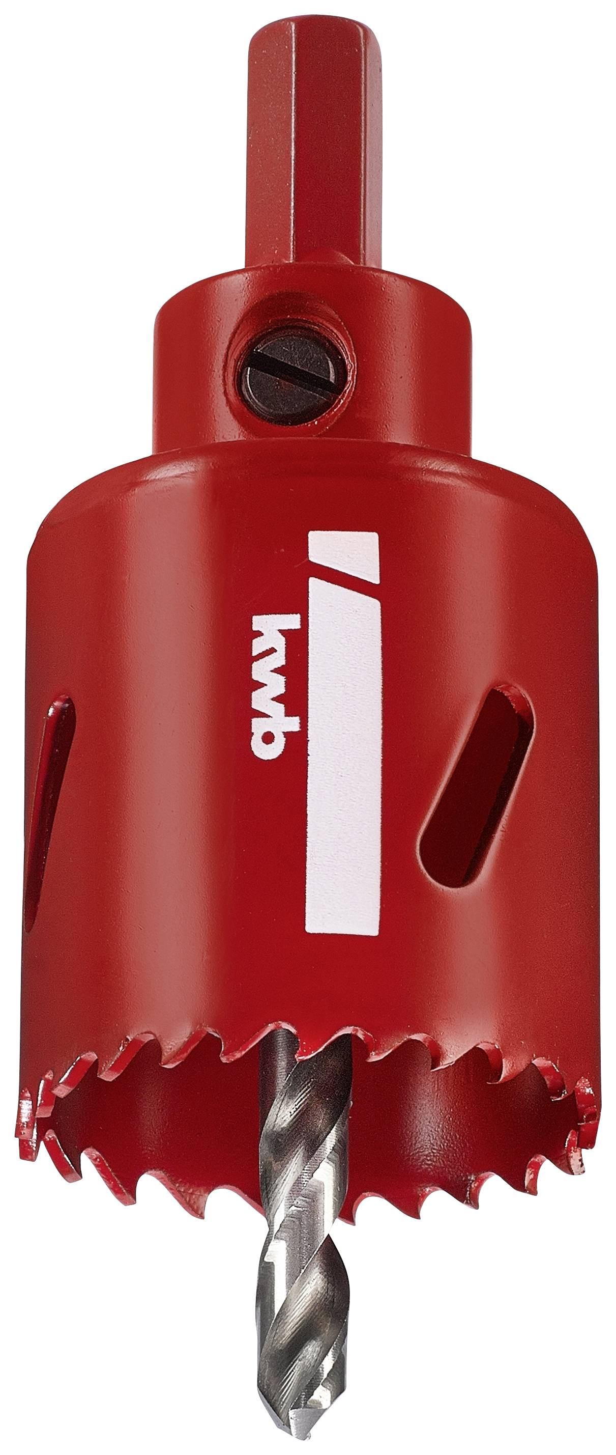 Roter Lochsägenaufsatz mit silbernem Bohrer, geeignet für Holz- und Metallbohrungen, mit dem Logo 'kwb' in Weiß aufgedruckt.