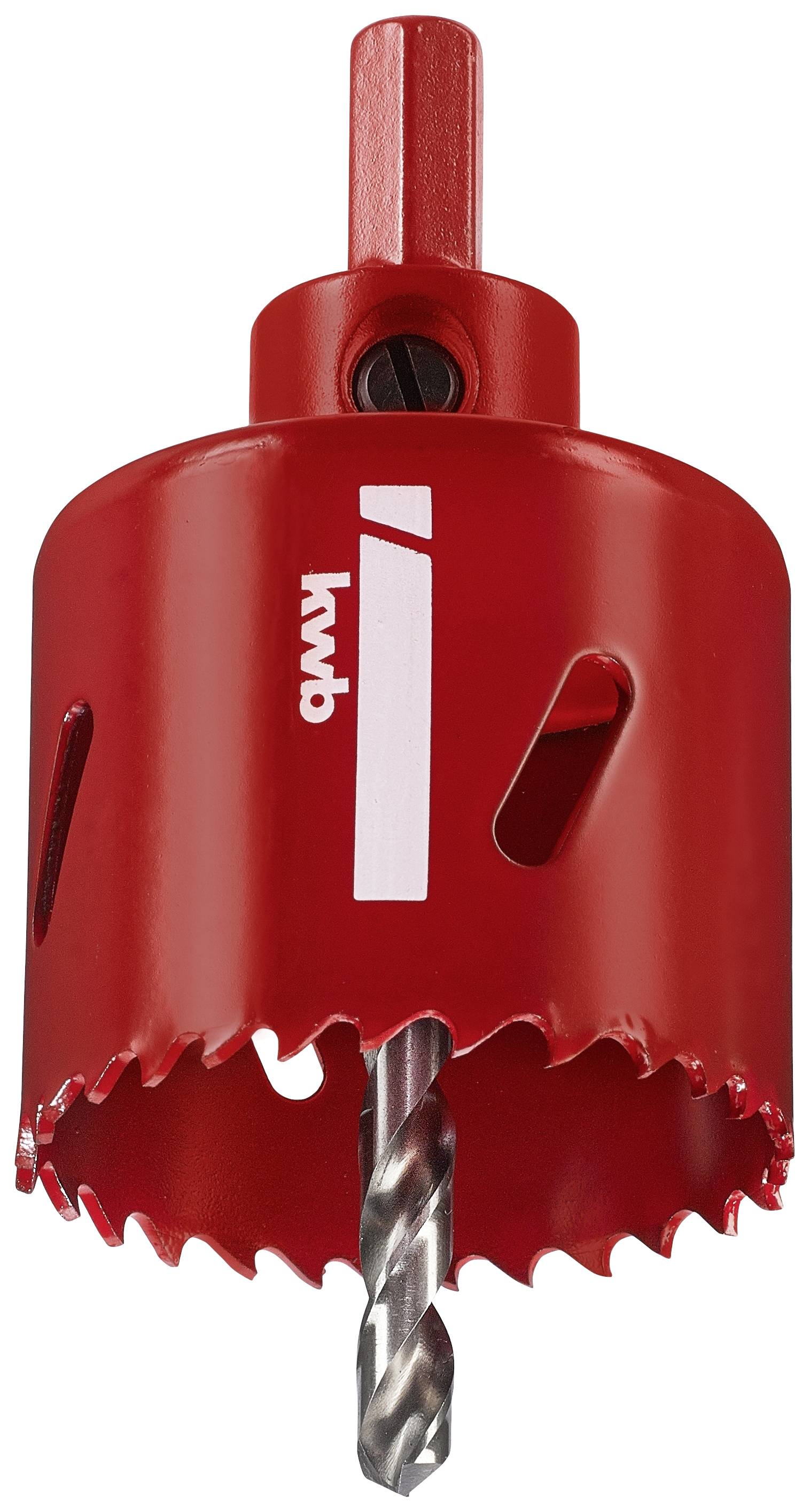 Roter Lochsägeaufsatz mit Bohrer, geeignet für Holz- und Metallarbeiten.