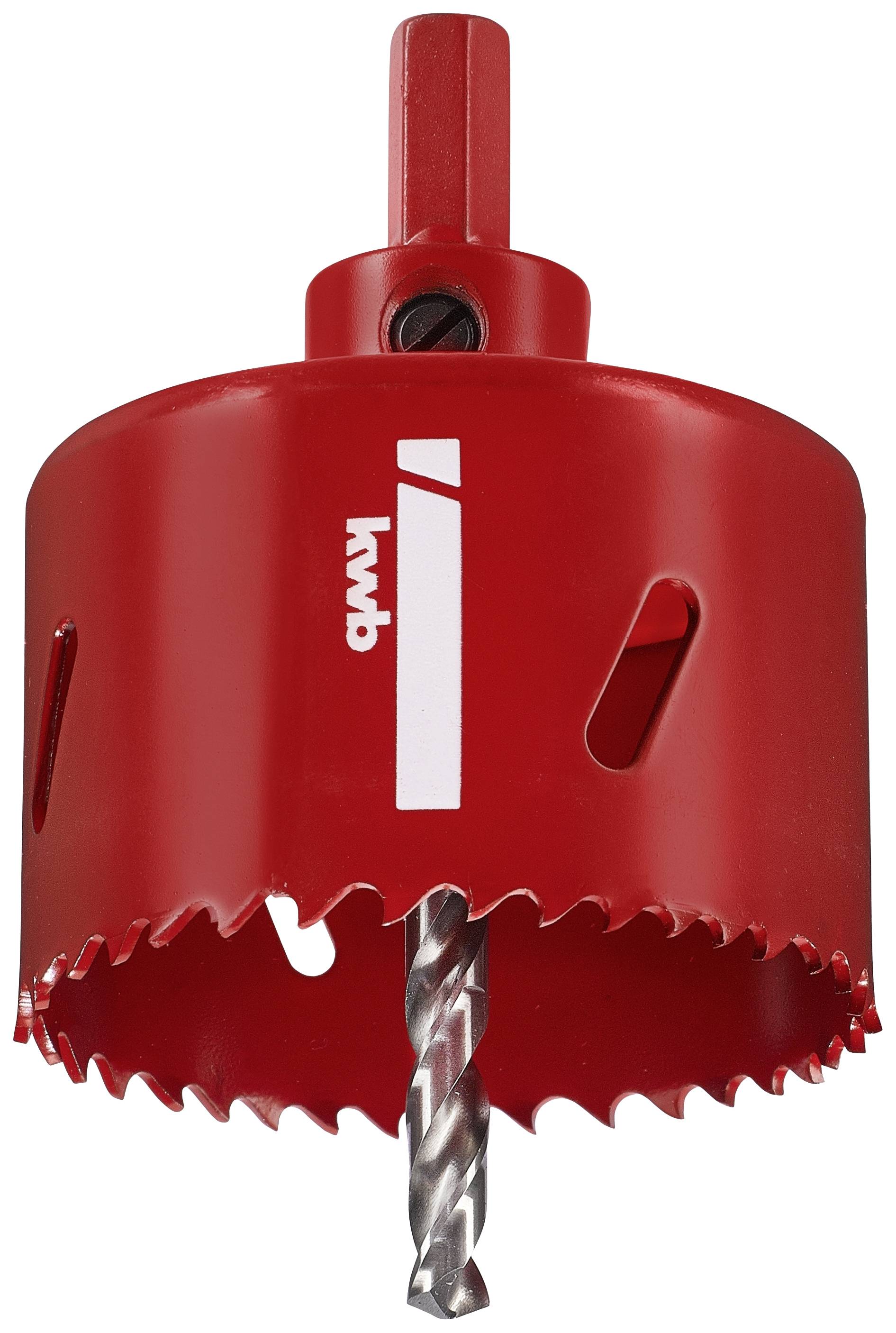 Roter Lochsägeaufsatz mit scharfem Zahnrand und mittigem Bohrer, geeignet für Holz- und Metallbohrungen.