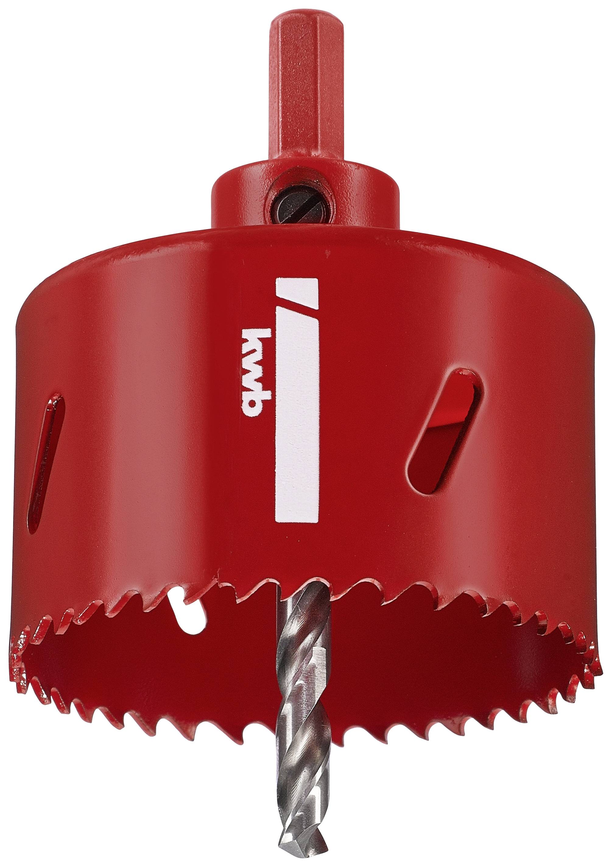 Roter Lochsägenaufsatz mit gezacktem Rand und integriertem Bohrer, geeignet für das Bohren großer Löcher in Holz oder Metall.