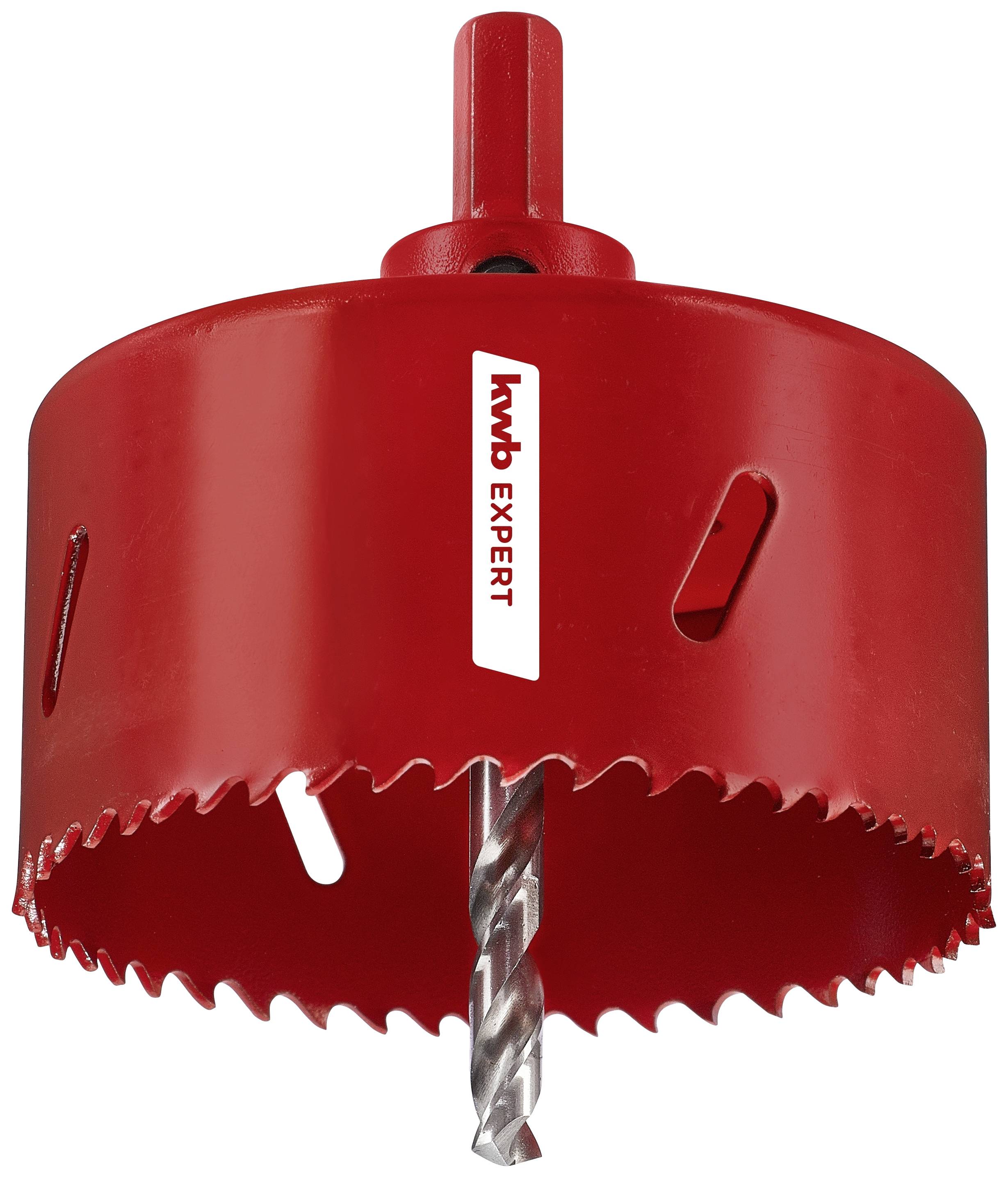 Ein roter Lochsägenbohrer mit scharfen Zähnen und einem mittigen Führungsbohrer. Auf der Seite steht 'EXPERT'.