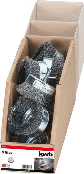 Drahtbürsten-Set der Marke kwb in einem offenen, braunen Karton. Auf der Verpackung stehen die Spezifikationen Ø 75 mm.