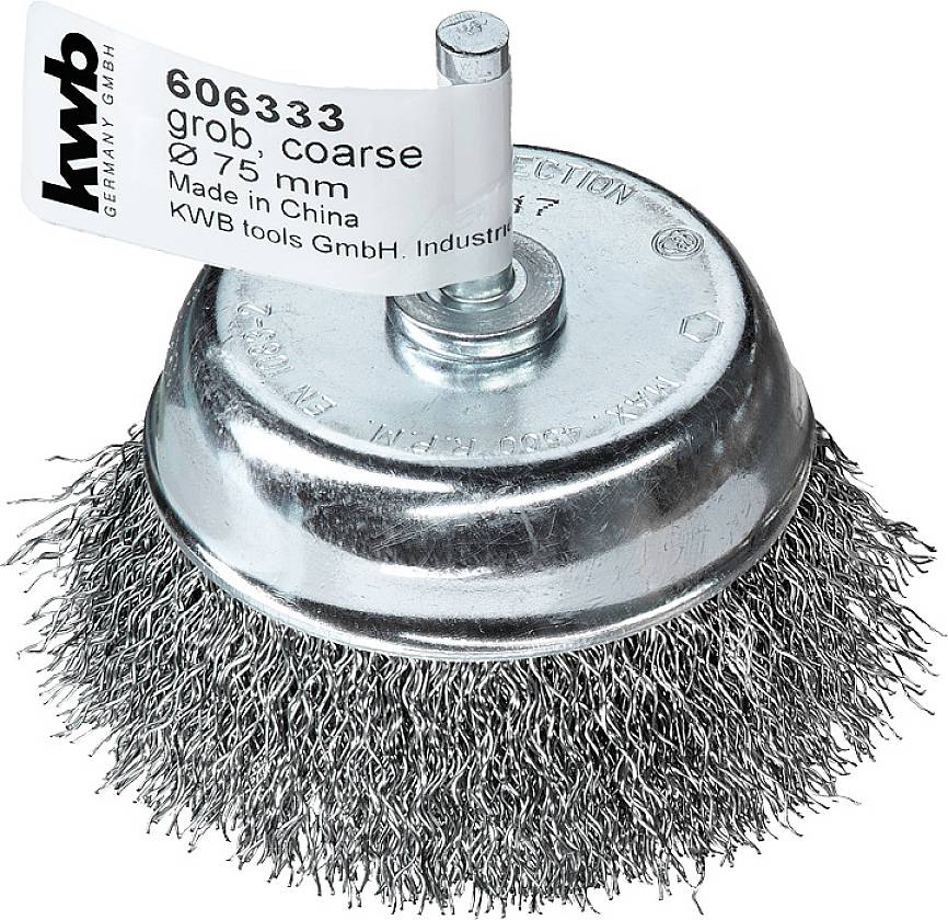 Eine Drahtbürste mit Metallschaft und Borsten für grobe Oberflächenbearbeitung. Etikett zeigt: 75 mm, hergestellt in China.