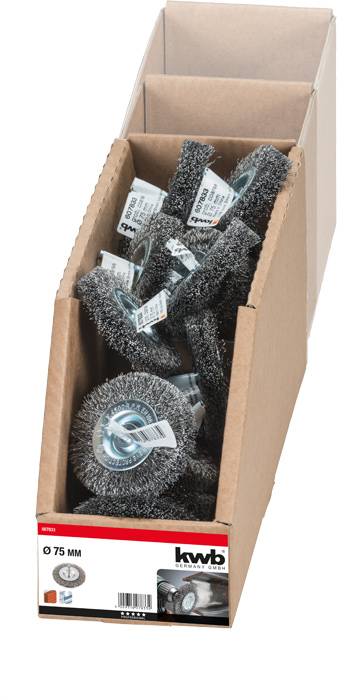 Ein Karton voller Drahtbürsten mit blauen Mittelteilen, Etiketten an jeder Bürste. Auf dem Karton steht 'kwb' und 'Ø 75 mm'.