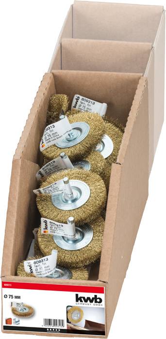 Karton mit mehreren Drahtbürsten. Das Etikett zeigt die Marke 'kwb' und die Größe Ø 75 mm. Ideal für handwerkliche Arbeiten.