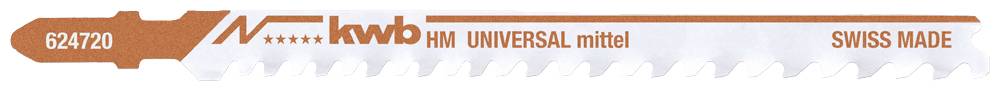 Sägeblatt mit Aufschrift 'kwb Universal mittel' und 'SWISS MADE'. 624720 Seriennummer, gezackte Kante für verschiedene Materialien.