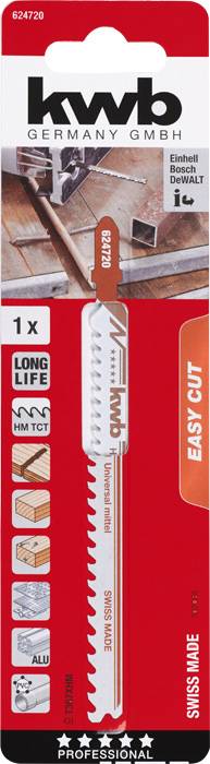 Sägeblatt in Verpackung von 'kwb Germany GmbH', geeignet für Holz, Kunststoff, Aluminium. 'Easy Cut' und 'Long Life' hervorgehoben.