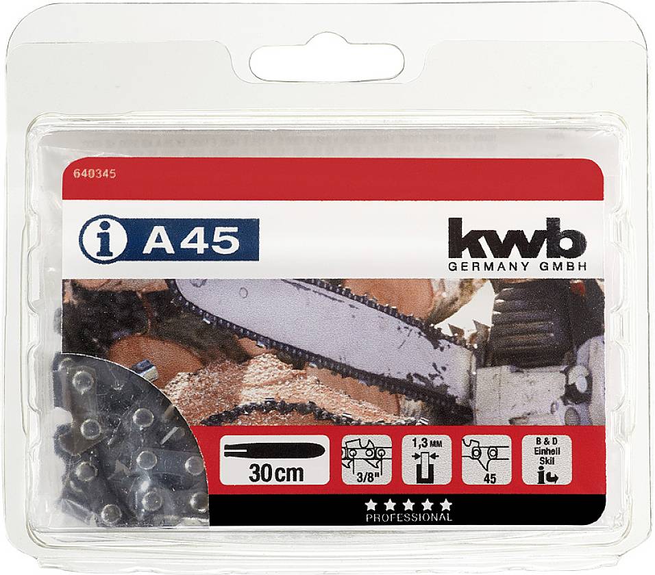 Verpackung für eine Kettensägekette, Marke 'kwb Germany GmbH'. Maße: 30 cm, Kettenteilung: 3/8 Zoll, Treibgliedstärke: 1,3 mm.