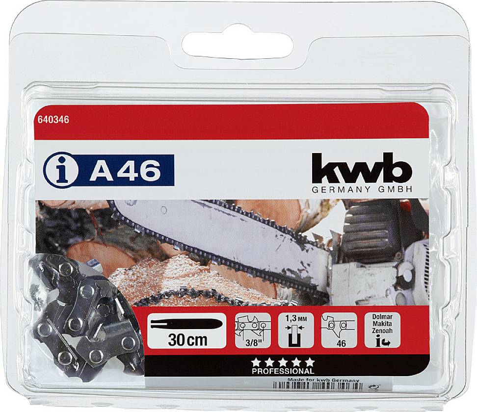 Verpackung einer Kettensägenkette mit der Aufschrift 'A46', 30 cm, 3/8
