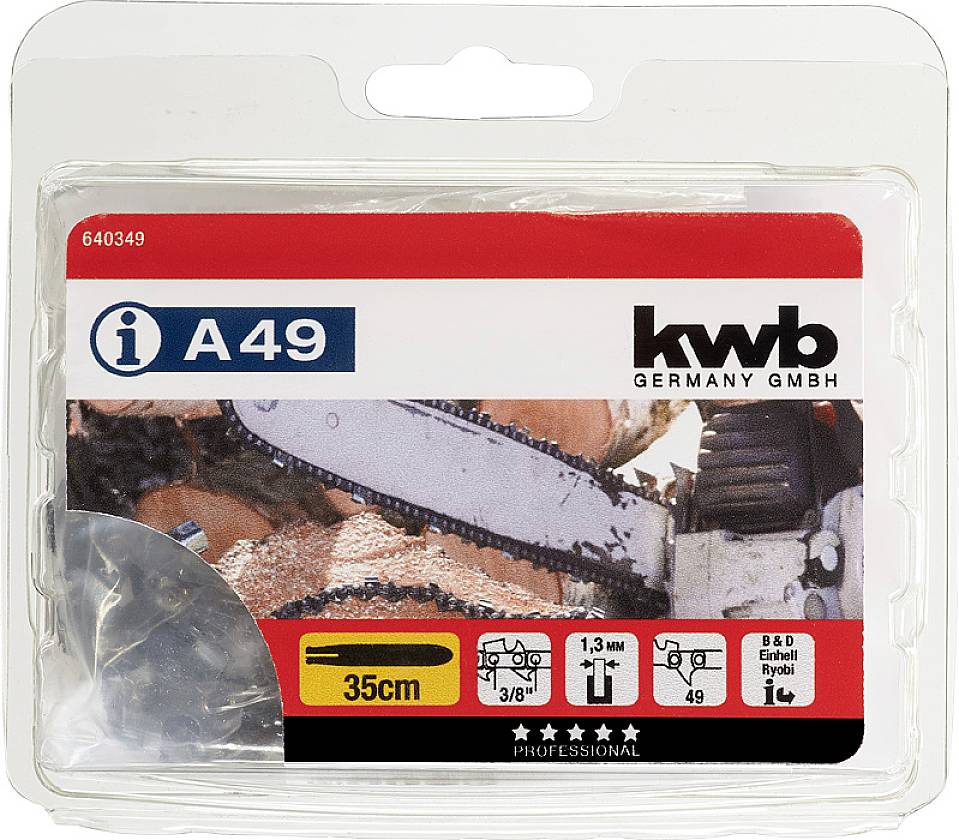 Verpackung für Sägekette der Marke kwb, Modell A49. Länge 35 cm, 1,3 mm Gliederstärke. Informationen zu Modell und Verwendung.