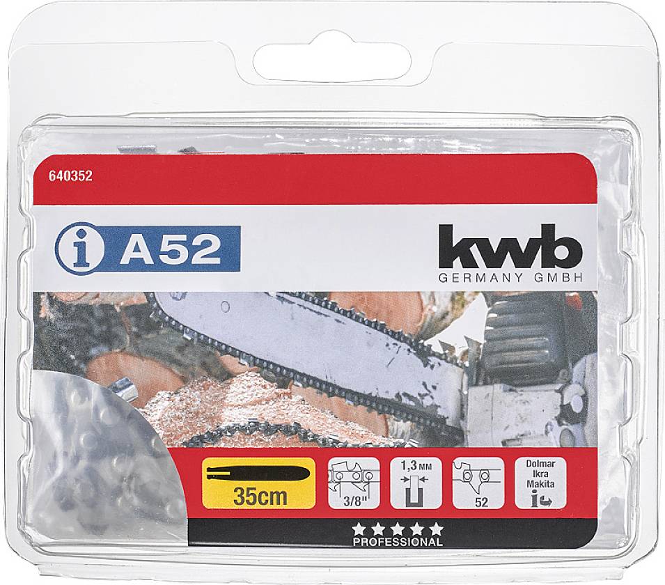Kettensägekette-Verpackung mit Marke 'kwb Germany GmbH', Modell 'A52', geeignet für 35 cm Schwert, 3/8 Zoll, 1,3 mm, 52 Treibglieder.