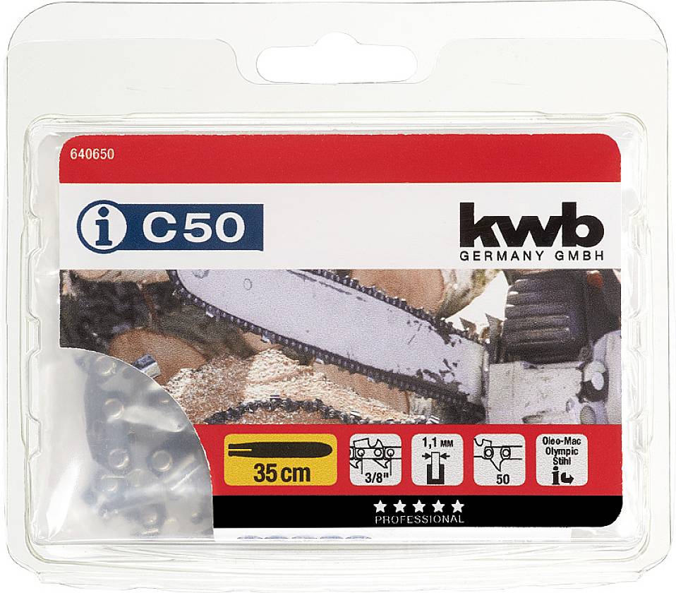 Verpackung einer Sägekette von 'kwb Germany GmbH', Modell: C50, 35 cm, 3/8