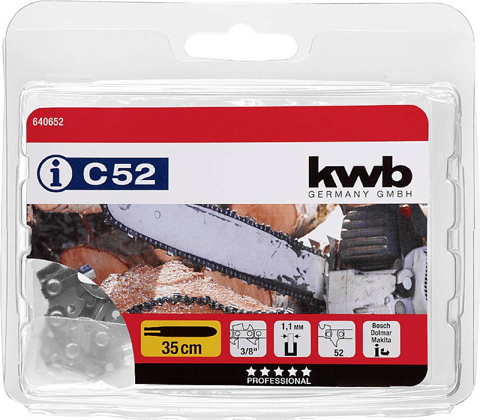 Verpackung einer Kettensägekette von kwb für 35 cm Länge mit 52 Gliedern und 3/8