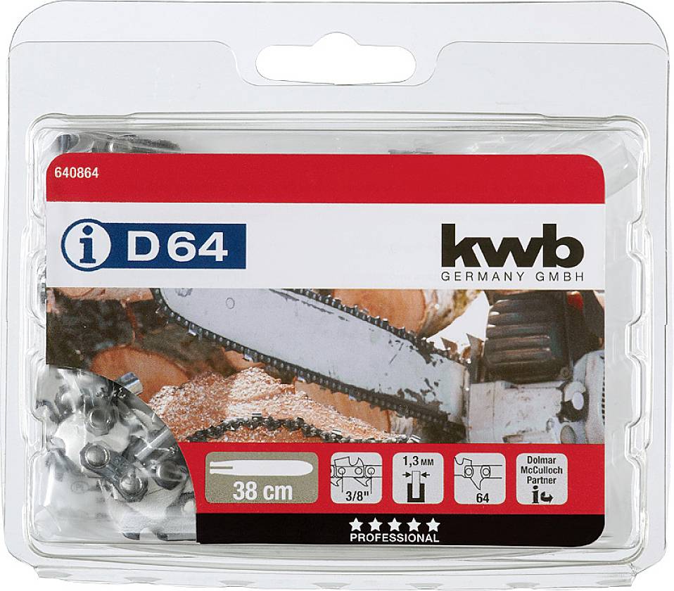 Kettensägekette in Verpackung, passend für 38 cm Kettensägen, Stärke 1,3 mm, Teilung 3/8