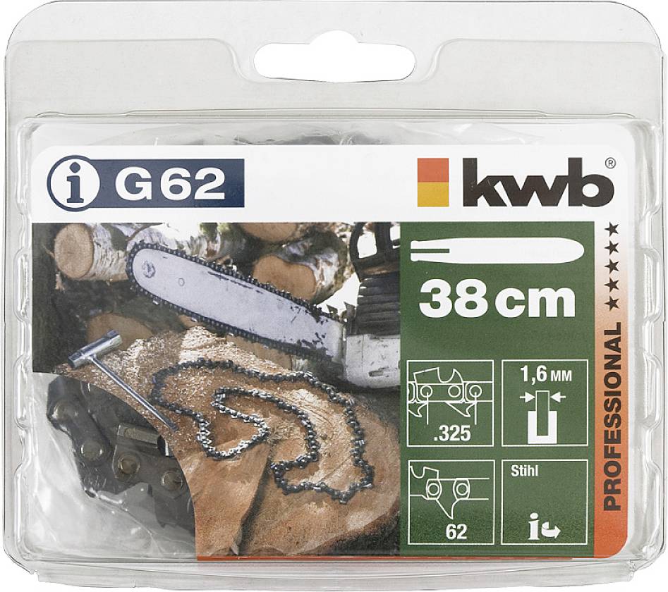Verpackung einer Kettensägekette mit dem Aufdruck 'G62'. Marke 'kwb', Schwertlänge 38 cm, Kettenabstand 1,6 mm, passend für Stihl.