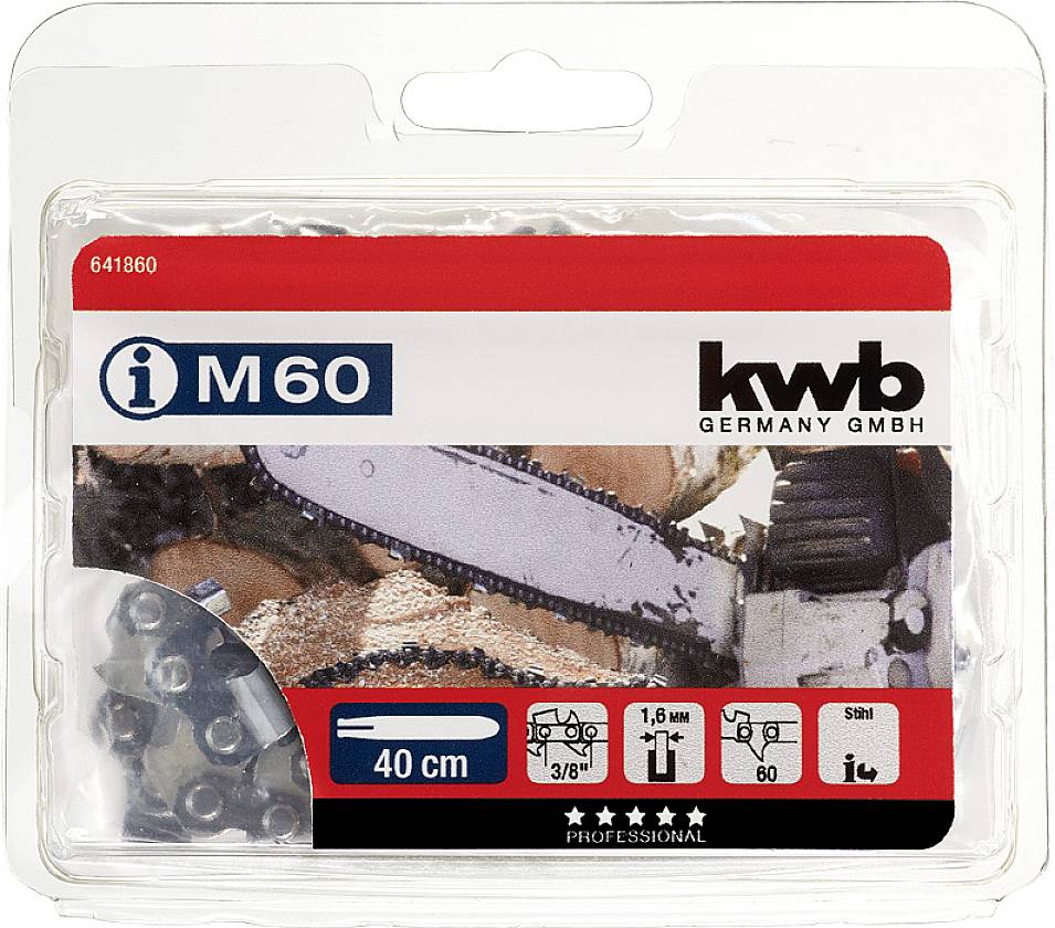 Verpackung einer Kettensägekette von kwb Germany GmbH, Modell M60 für 40 cm Sägebänder. Ausstattung: 1,6 mm Stärke, 3/8