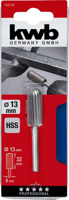 Verpackung eines KWB-Frässtiftes. Hauptmerkmale: HSS-Material, Ø 13 mm, Länge 32 mm. Geeignet für präzises Fräsen.