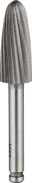 Silberner Frässtift mit konischem, geriffeltem Schneidkopf, geeignet für Metallbearbeitung und Feinarbeiten.