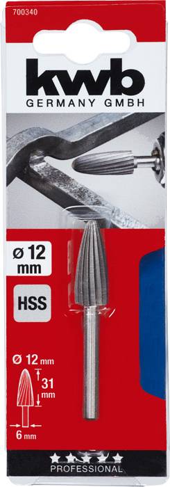 'Kwb Germany GmbH HSS Frässtift' auf roter Verpackung, 12 mm Durchmesser, 31 mm Länge, für professionellen Einsatz.