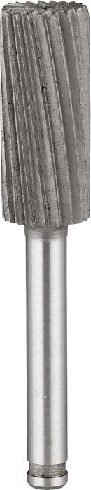 Metallfräser mit gezahnten Kanten, verwendet zum Schleifen und Formen von Metalloberflächen. Zylindrische Form mit langer, schmaler Spitze.