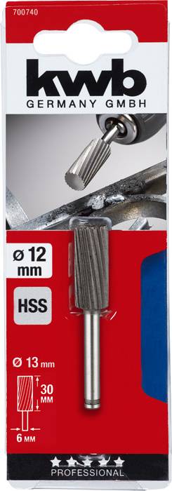Frässtift Ø 12 mm, HSS, für Metallbearbeitung. Produktverpackung mit Bild des Werkzeugs. Marke: KWB Germany GmbH.