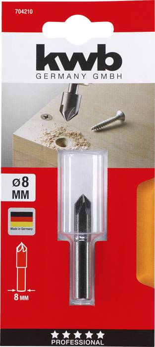 Verpackung eines kwb Senkbohrers in 8 mm. Oben rechts wird der Bohrer in Holz gezeigt. Markierung 