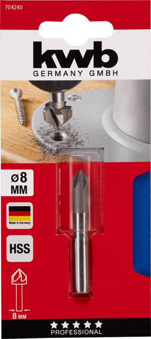 Eine Verpackung mit einem HSS-Bohrer von KWB. Der Bohrer hat einen Durchmesser von 8 mm und ist für professionellen Gebrauch geeignet.