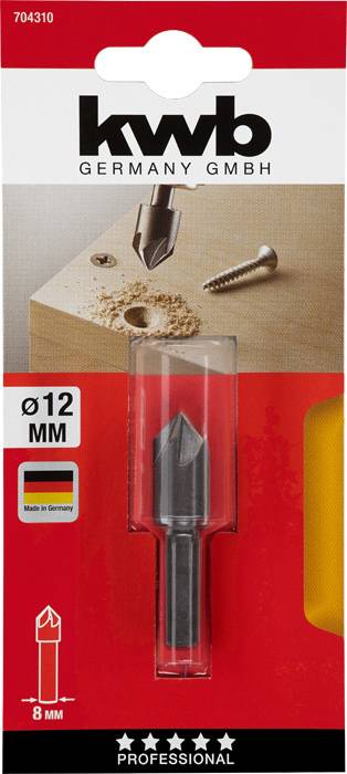 'Kwb Germany GmbH' Senkerbohrer, Durchmesser 12 mm, auf rotem Hintergrund, Schraube und gebohrtes Loch daneben, 'Made in Germany'.