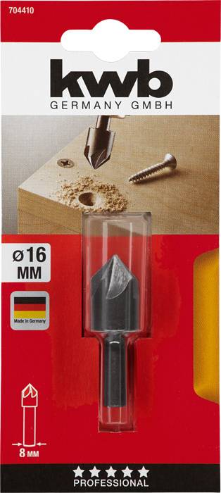 Kwb Bohrer 16 mm, geeignet zum Bohren sauberer Löcher in Holz. Verpackung zeigt Abbildung der Anwendung mit Holz und Schraube.