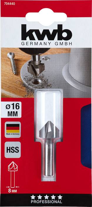 Eine Verpackung mit einem konischen Bohrer von 16 mm, Marke 'kwb', hergestellt in Deutschland, geeignet für Metallbohren, HSS-Material.