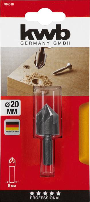 Verpackung eines Senkbits der Marke KWB mit einem Durchmesser von 20 mm. Abgebildet ist das Bit in Verwendung zum Senken einer Schraube.