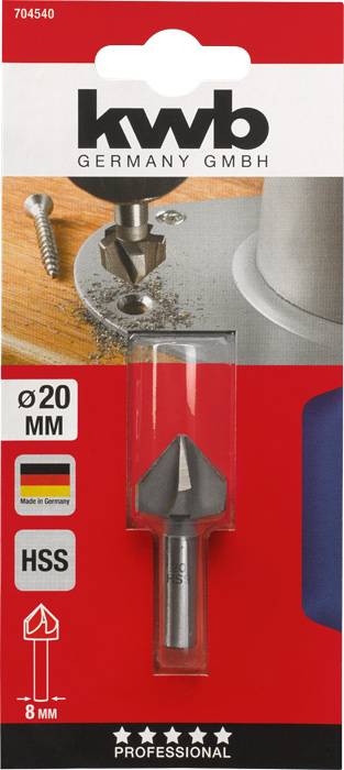 'KwB 20mm HSS Profi-Senker' in der Verpackung, zeigt das Werkzeug und ein Foto der Anwendung auf Metall.