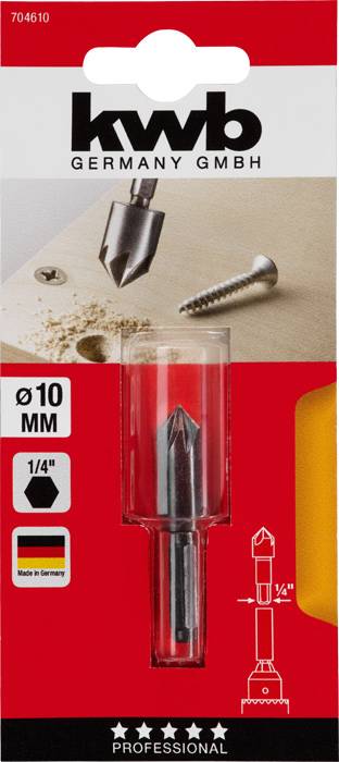 'Kwb Germany GmbH' Verpackung mit 10 mm Senkbohrer, Schraube dargestellt. Geeignet für präzises Bohren und Senken.